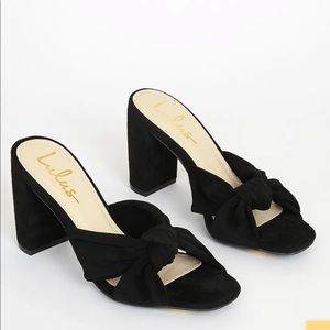 Lulus Black Suede Knotted High Heels Blocked Sandals, size 6.5